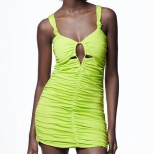 Zara Lime Green Short Dress with Ruching Size Large